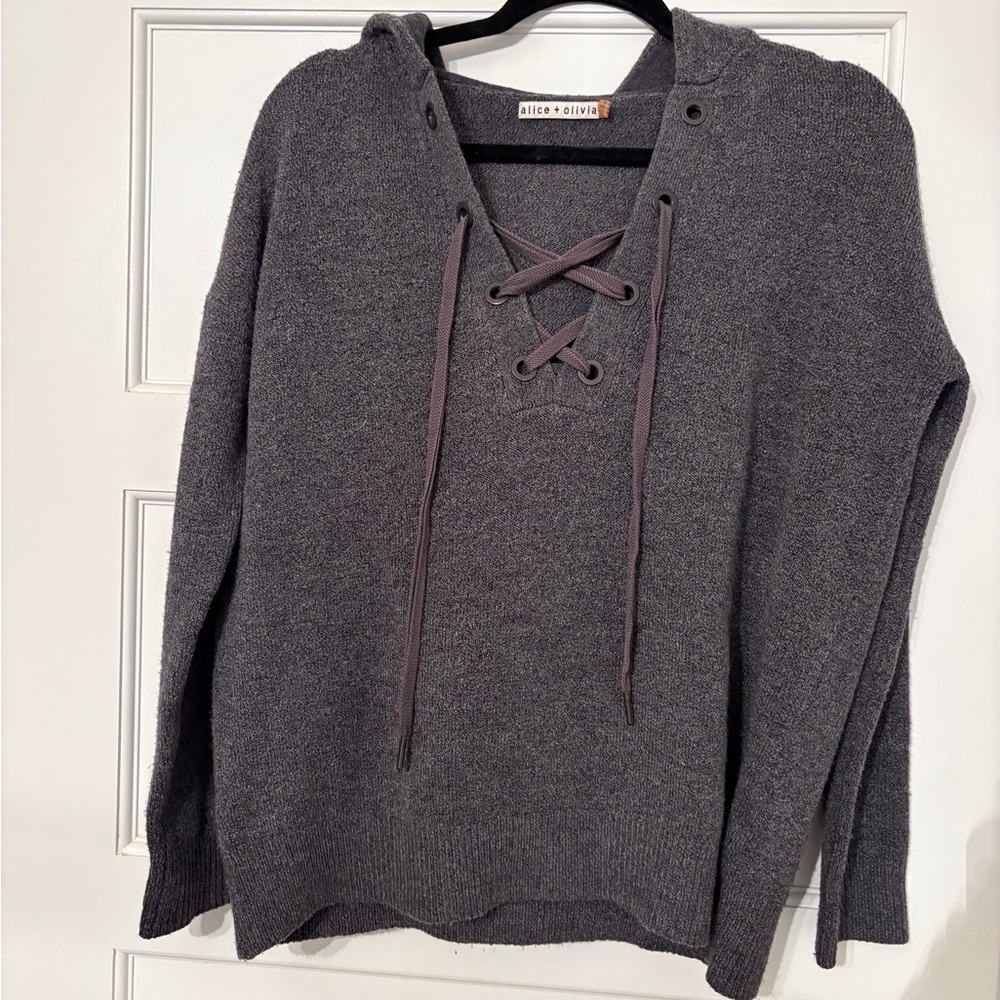 Alice + Olivia Charcoal Lace-Up V-Neck Sweater